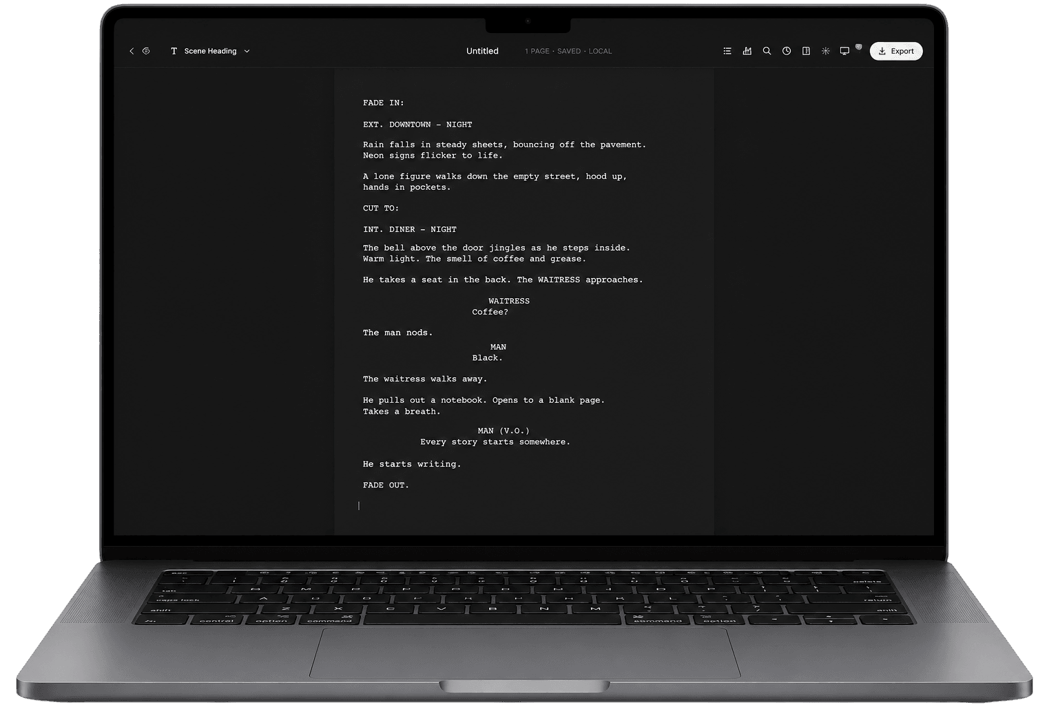 The Quillit editor on a MacBook — a screenplay formatting itself as it's written